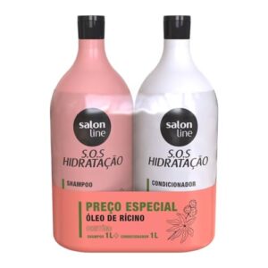 Salon Line, Kit Shampoo e Condicionador, SOS Hidratação, Óleo de Rícino, Vegano - Cabelos Lisos, Ondulados, Cacheados e Crespos, 1 L cada