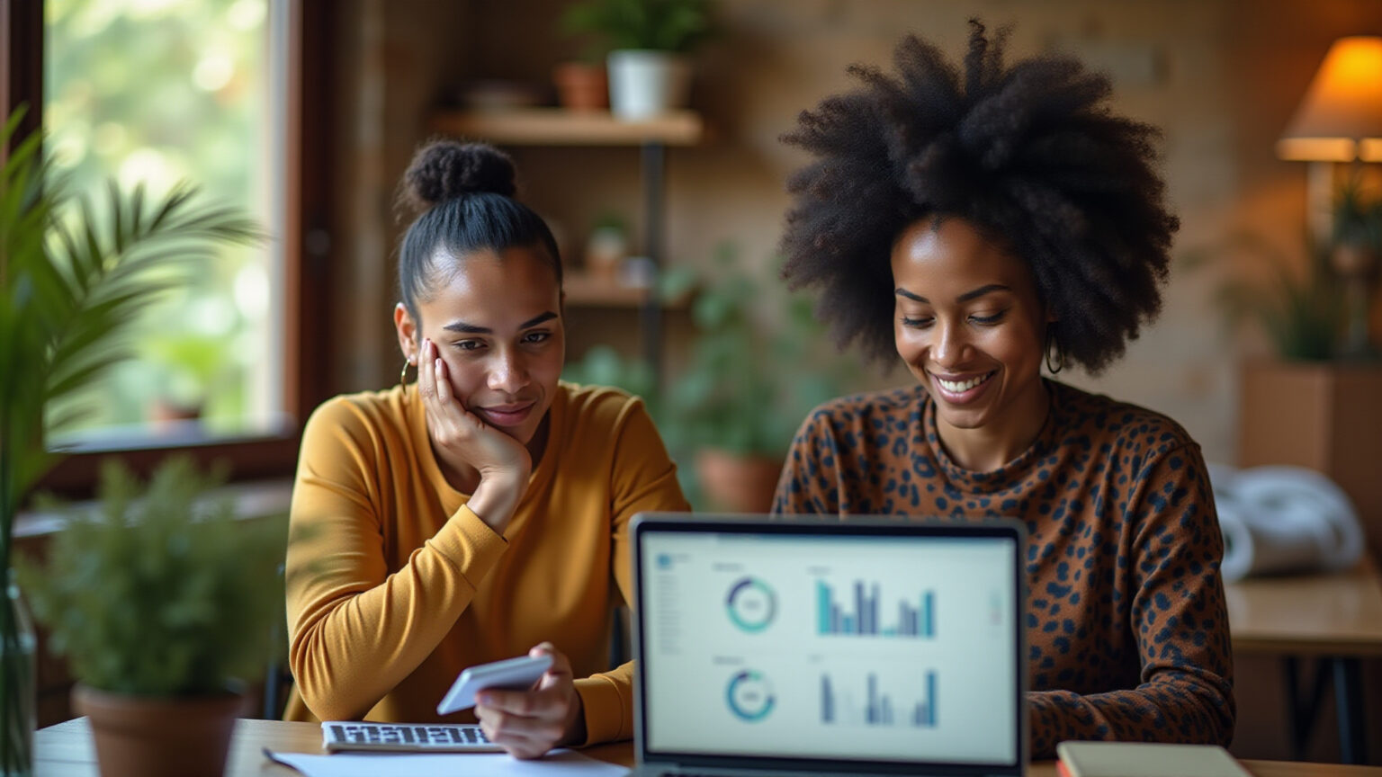 Adulto brasileiro analisando dados em laptop, com estratégia e foco, em ambiente doméstico acolhedor.